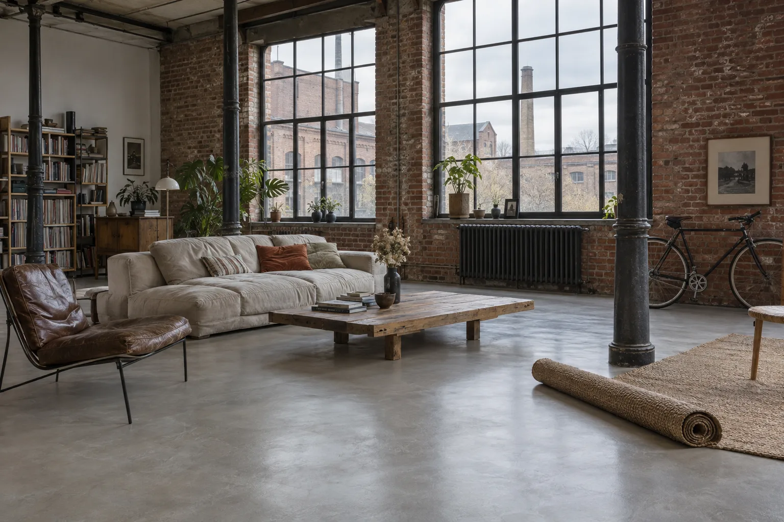 Inspiration d’intérieur avec sol en béton ciré gris clair