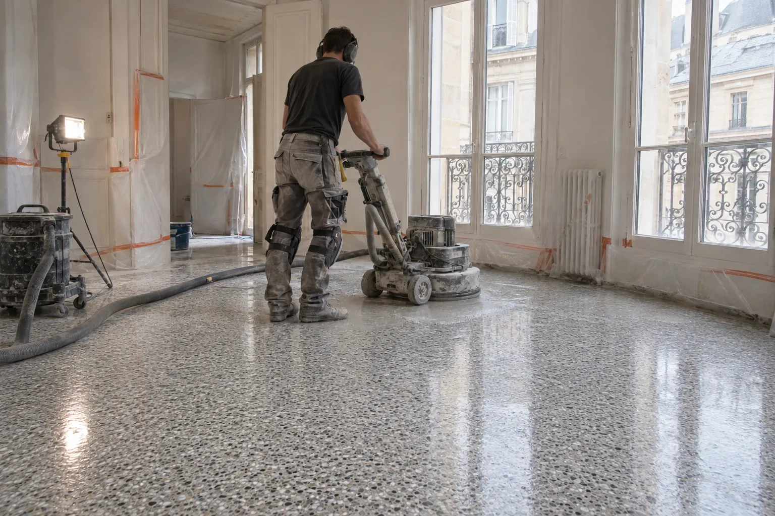 Ponçage d’un sol en granito coulé en place dans un appartement, inspiration