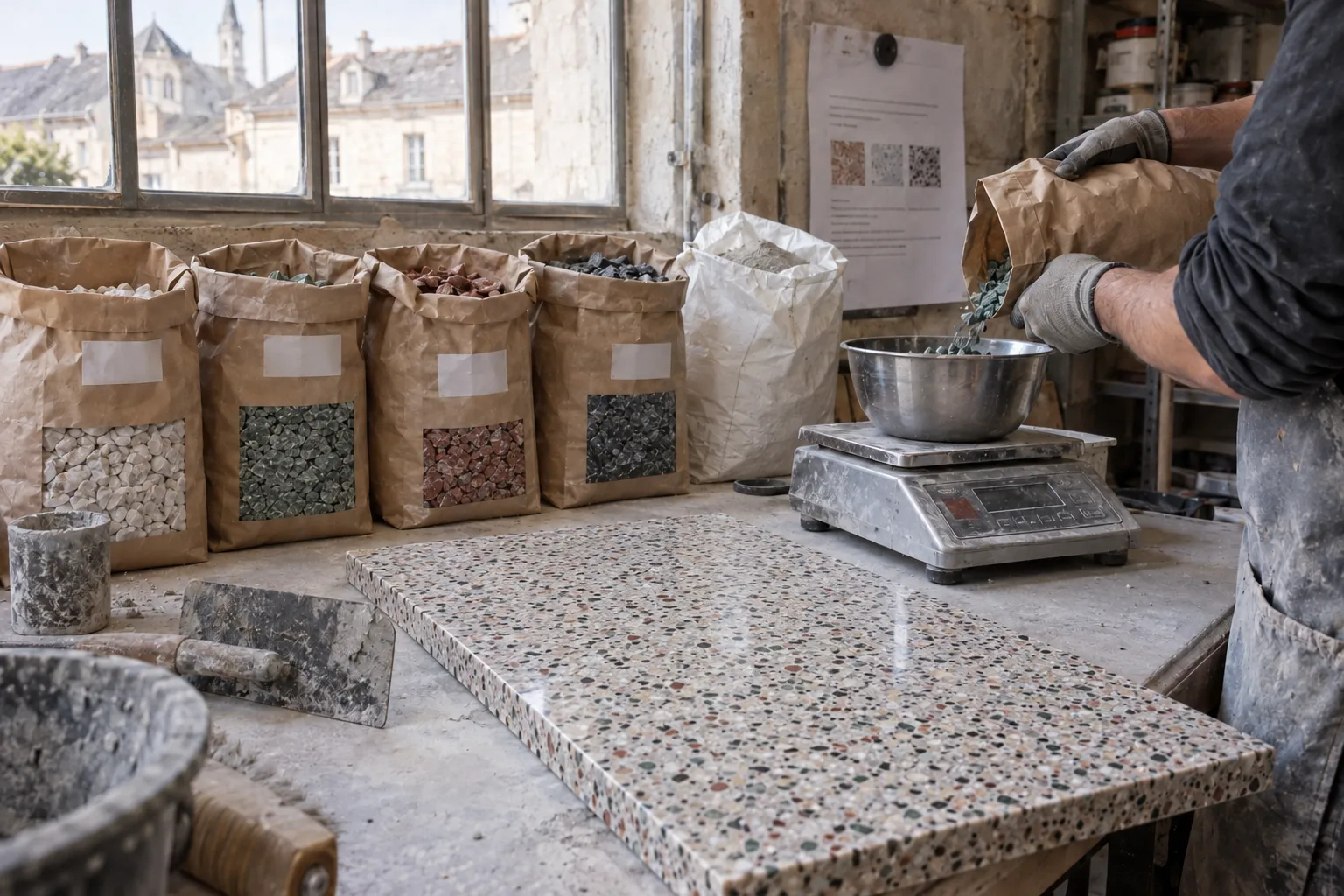 Votre composition en ligne : fabrication d’un échantillon de terrazzo, inspiration