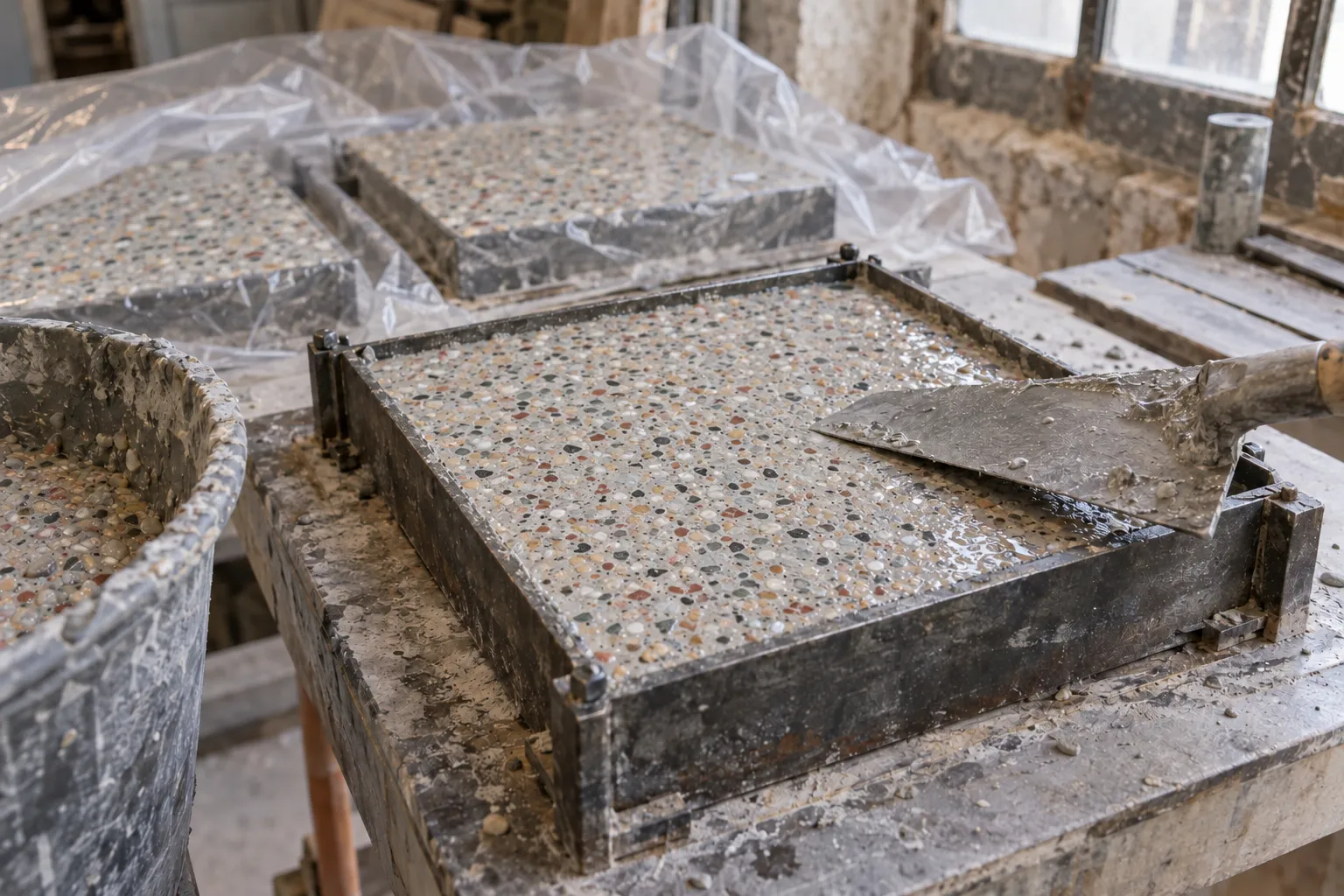 Dosage & coulage : fabrication d’un échantillon de terrazzo, inspiration
