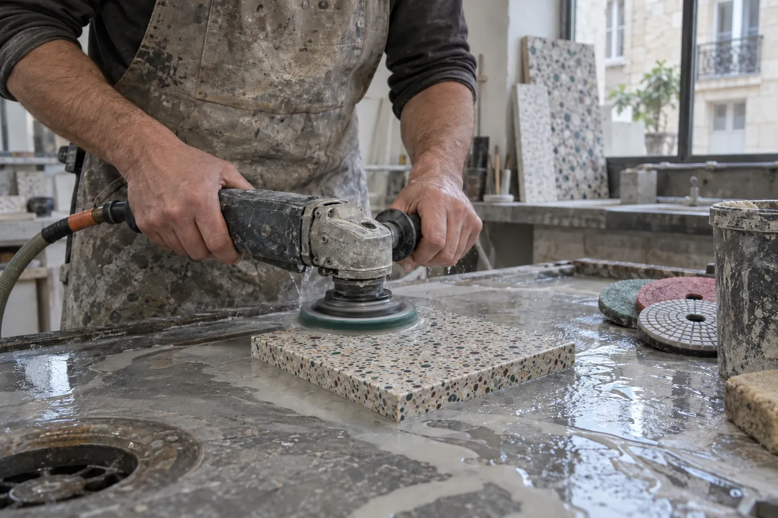 Ponçage & finition : fabrication d’un échantillon de terrazzo, inspiration