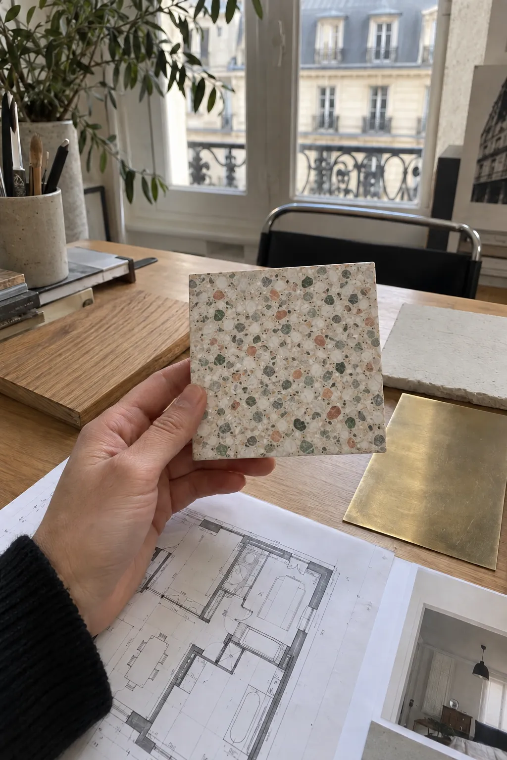 Une main tient un échantillon de terrazzo à côté de références de matériaux, inspiration