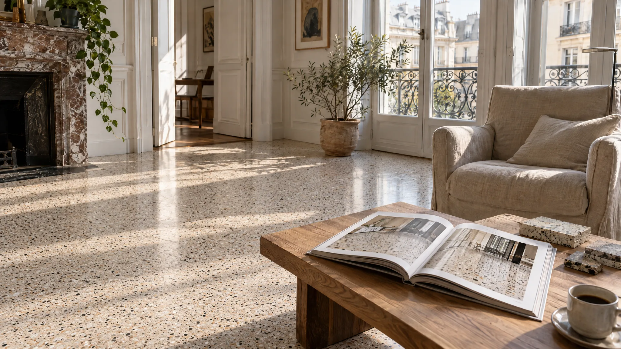 Coin lecture sur sol en terrazzo, livre ouvert, visuel d’inspiration