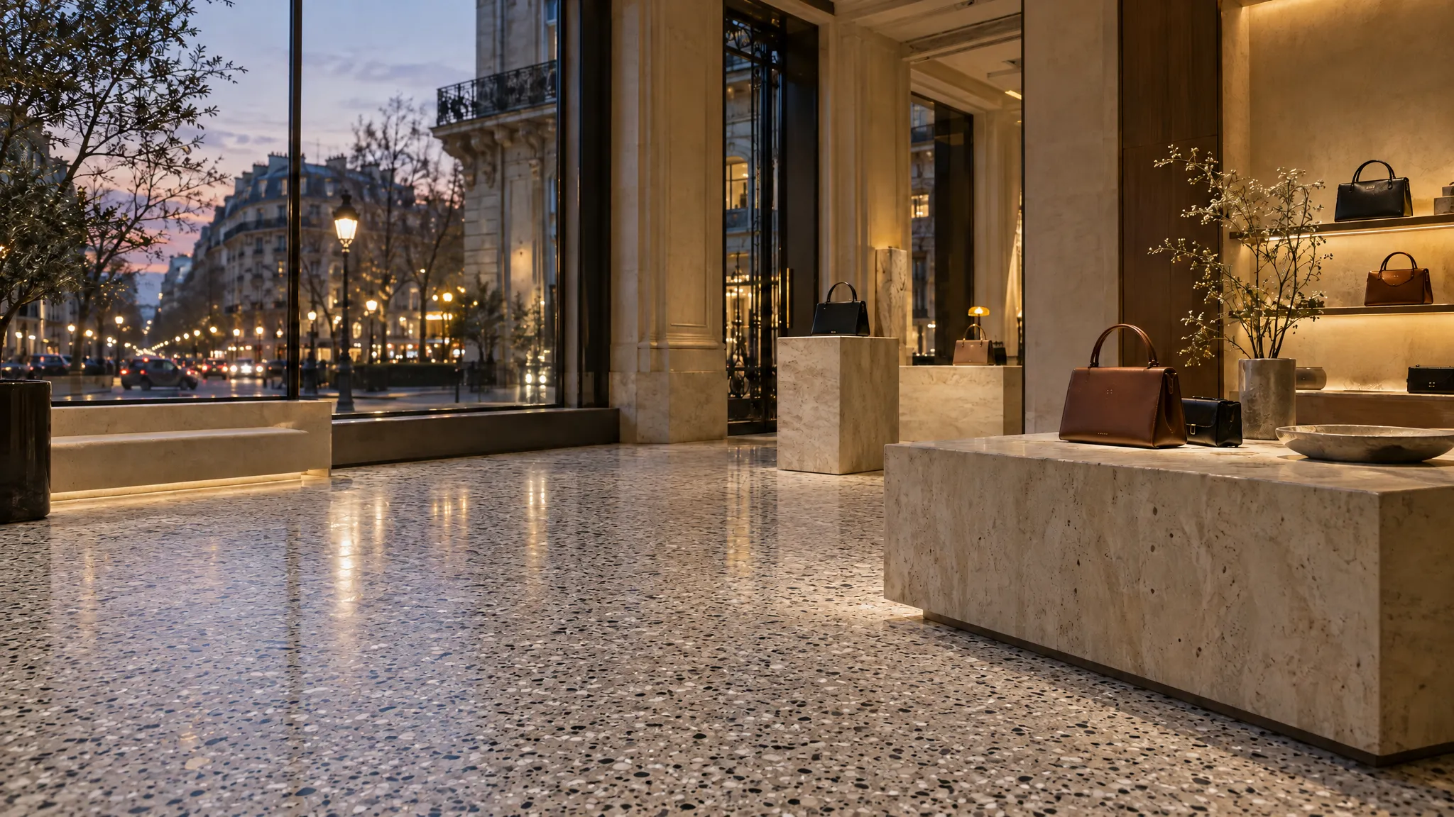 Boutique de luxe avec sol en terrazzo à grands éclats de marbre, visuel d’inspiration