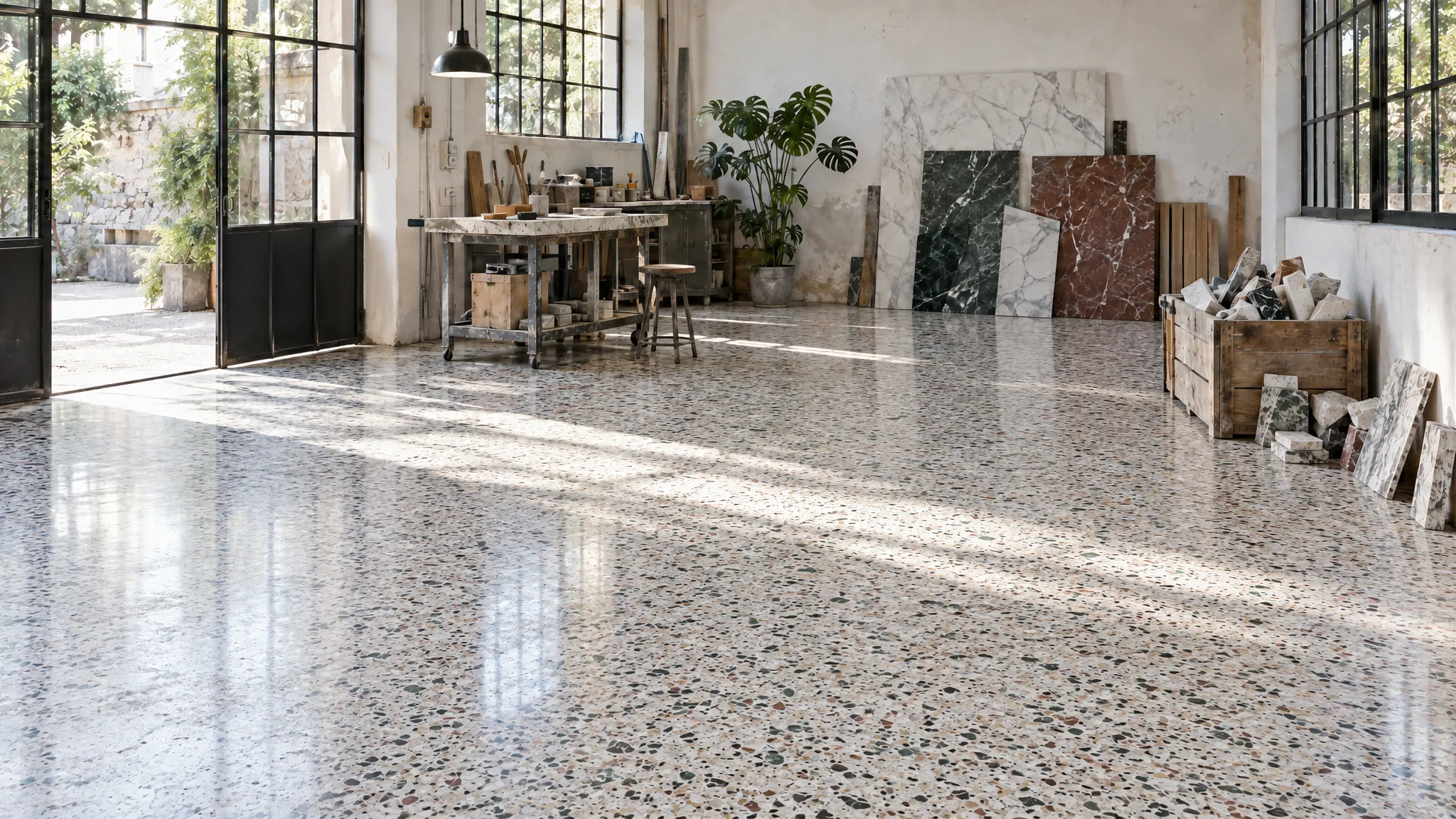 Atelier avec sol en terrazzo de fragments de marbre récupérés, visuel d’inspiration