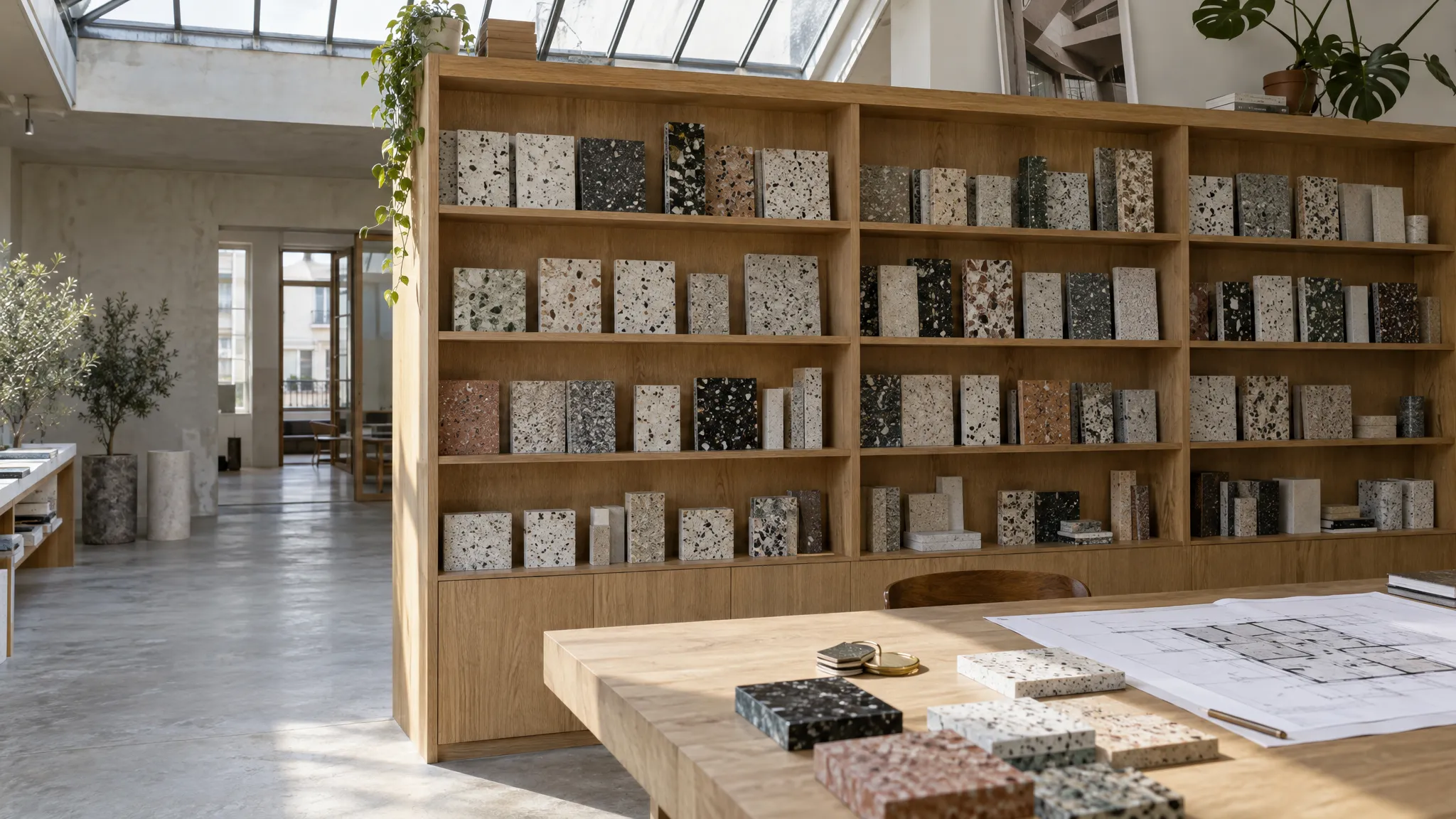 Matériauthèque avec échantillons de carreaux terrazzo, visuel d’inspiration